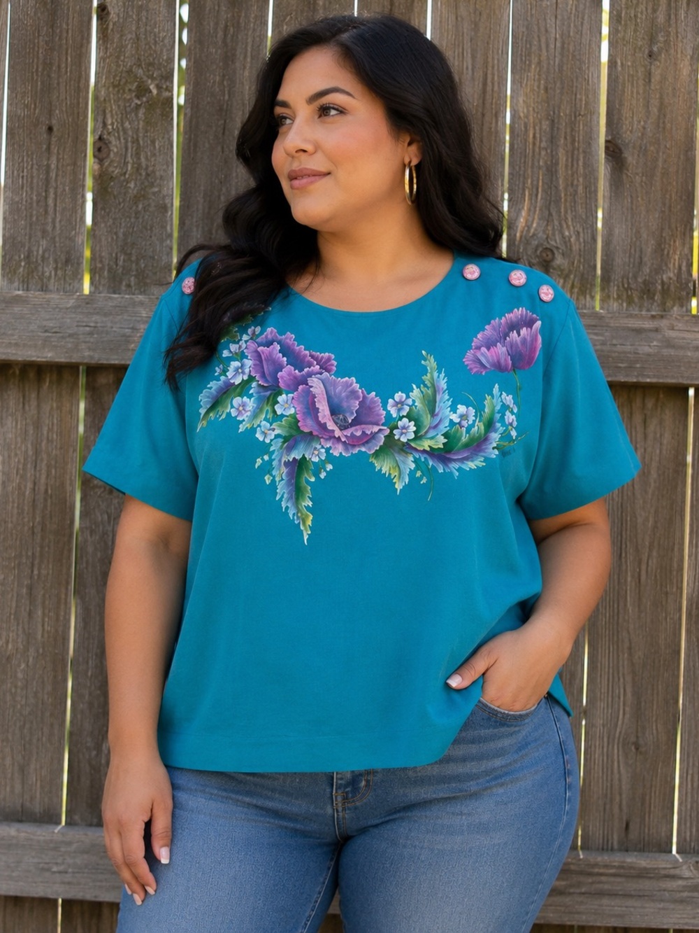 Vintage Hand Painted Floral Turqoiuse Boxy Handmade Blouse